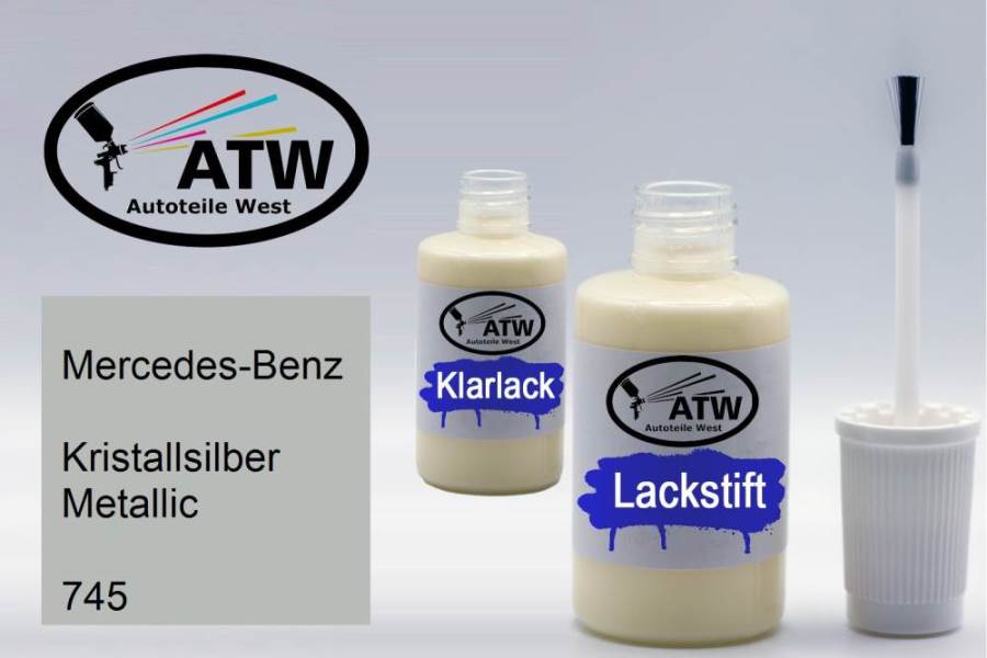 Mercedes-Benz, Kristallsilber Metallic, 745: 20ml Lackstift + 20ml Klarlack - Set, von ATW Autoteile West.